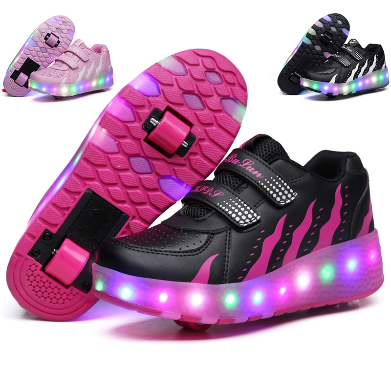 어린이용 두 바퀴 빛나는 스니커즈 힐, 핑크 LED 라이트 롤러 스케이트 신발, 어린이 LED 신발, 남아 여아 USB 충전